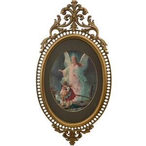 Vintage Childrens Guardian Angel Hanging Gilded Hard Plastic Framed Matted Print